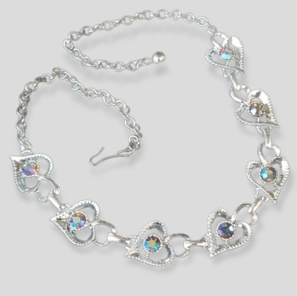 Vintage 1950s Rhinestone Heart Necklace Silver Tone - Picture 5 of 12
